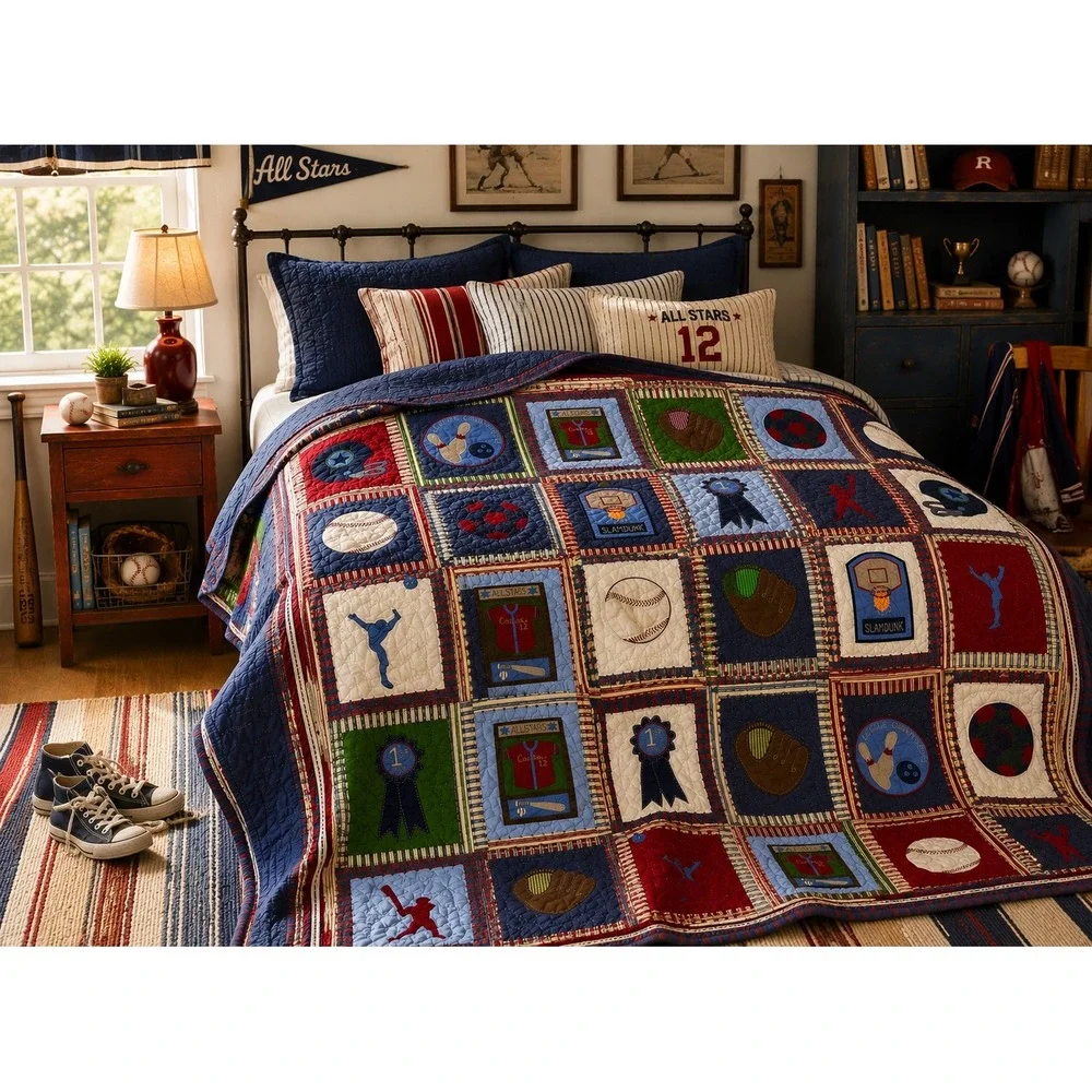 Pottery Barn Kids Sports Quilt Full Vintage Americana Patchwork 92x68